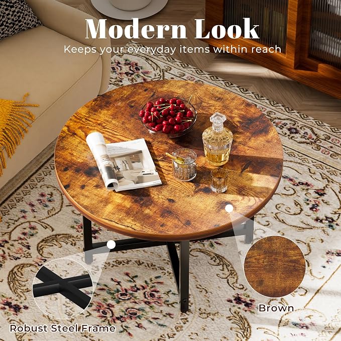 FAMIDGE Round Coffee Table, Small Coffee Tables for Living Room, Wood Coffee Table with Metal Frame, Floor Table Desk for Sitting on The Floor, Home, Office, Farmhouse, Rustic Brown (23.6"D x 17.7"H)