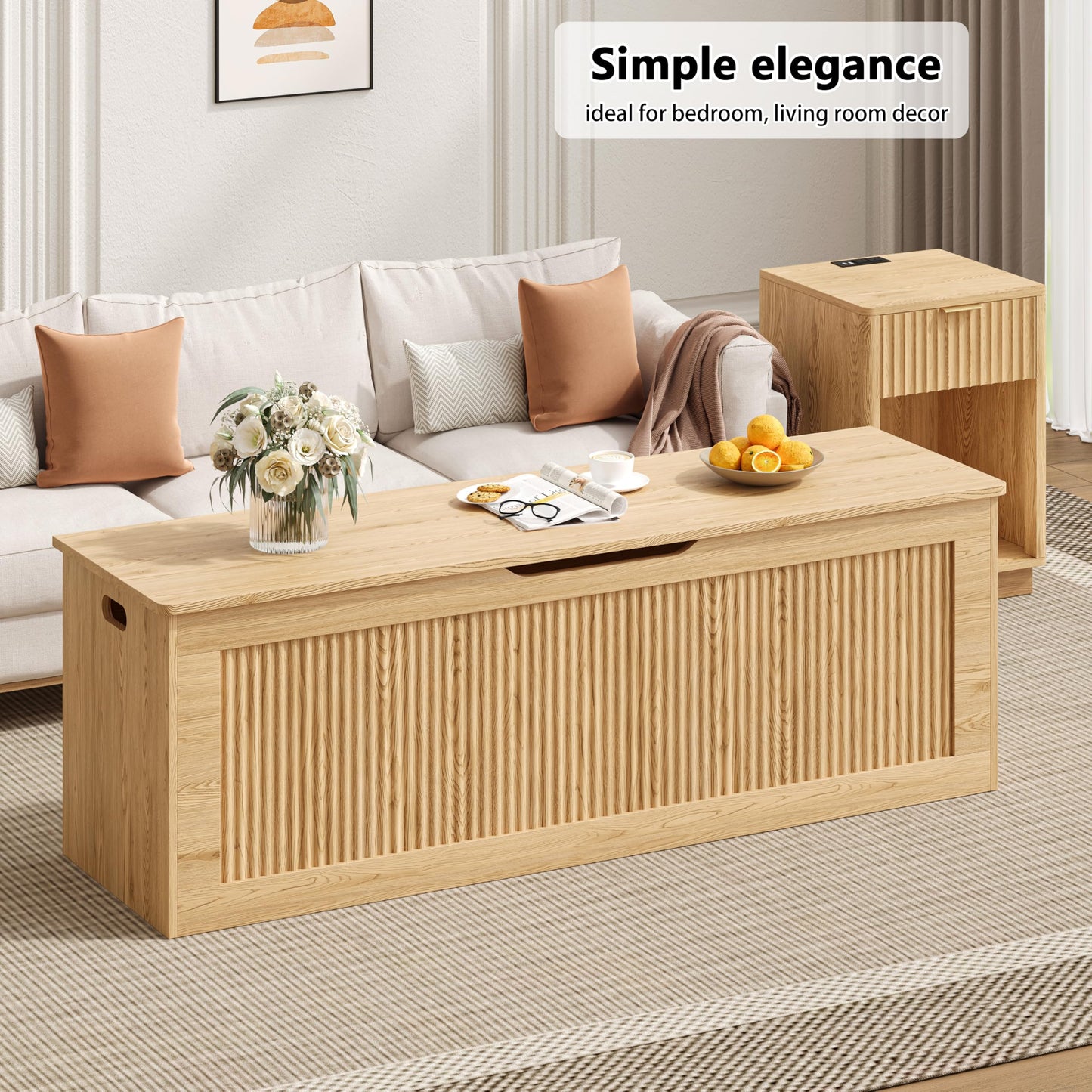 Akxomel Extra Large Fluted Storage Chest, 51.2" Storage Bench with 2 Safety Hinges, Shoe Bench, Wooden Box Bench, Long Storage Trunk with Lift Top, for Bedroom, Living Room, Entryway, Natural Oak