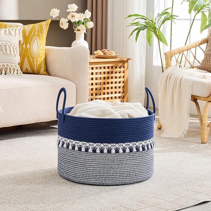 KAKAMAY Cotton Rope Storage Basket (20"x13"),Woven Hamper for Blankets,Toys,Pillows,Clothes,Laundry,Sturdy Handles Decorative Basket for Living Room, Bedroom,Nursery(Blue/White)
