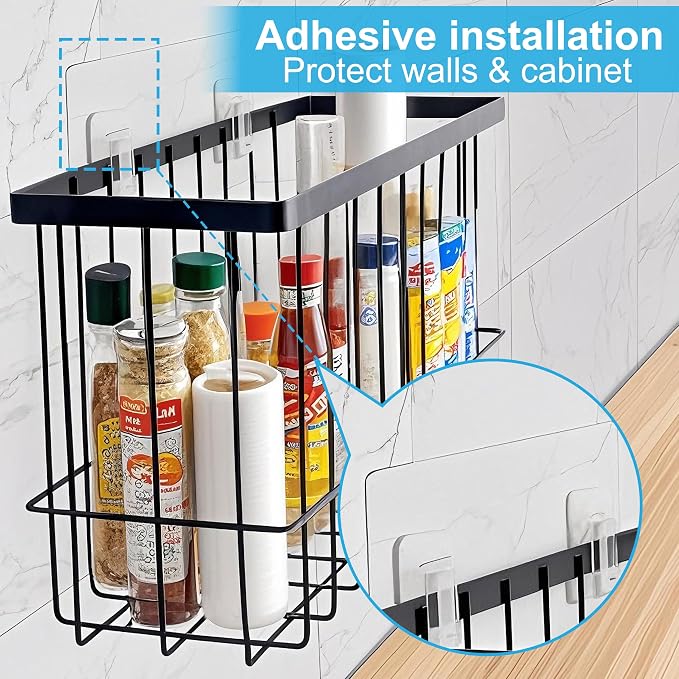 Cabinet Door Organizer Basket 2 Pack, Foil and Plastic Wrap Organizer with 2 Sponges, Lid Organizers Inside Cabinet, Metal Basket for Kitchen Organizers and Storage, Utility, Black (Medium,Large)