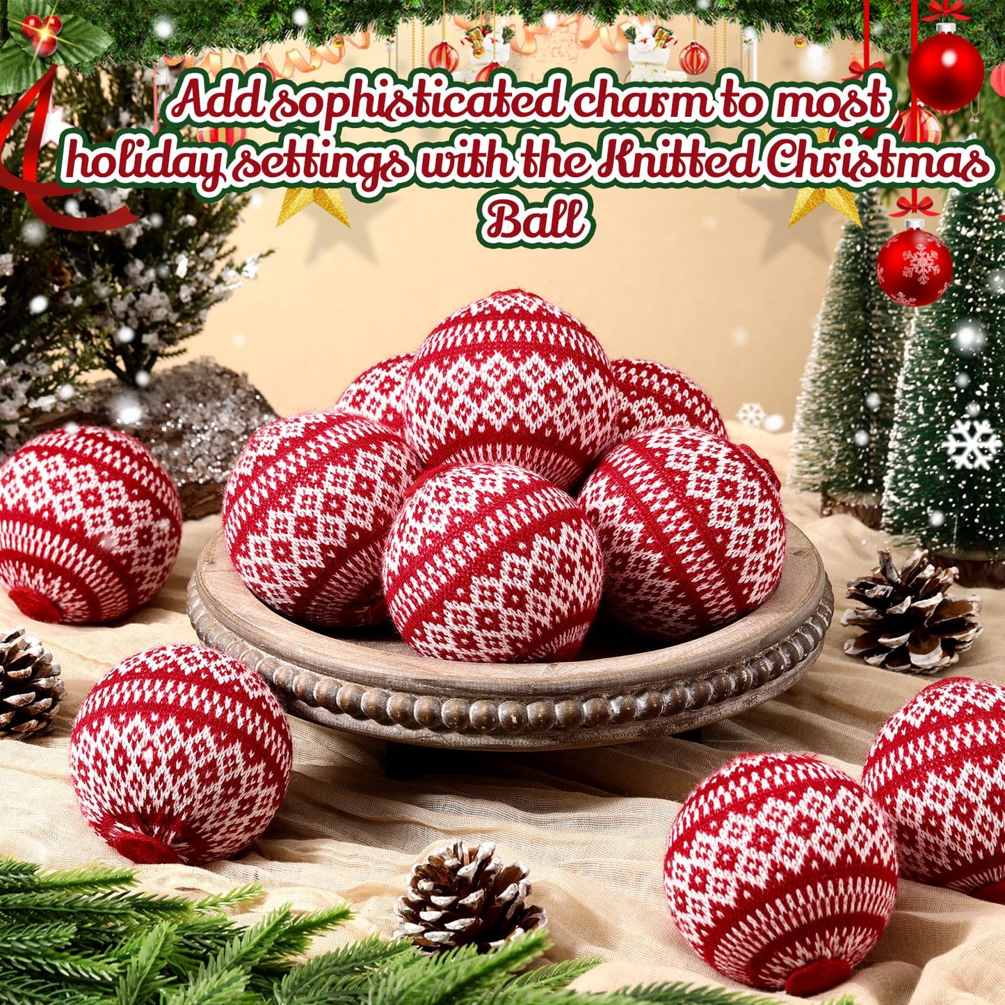 Weysat 12 Pcs 3.15" Red Knitted Sweater Christmas Balls Large Rustic Handmade Hanging Ball with Snowflake Pattern Christmas Tree Ornaments for Party Holiday Farmhouse Decorations Gifts