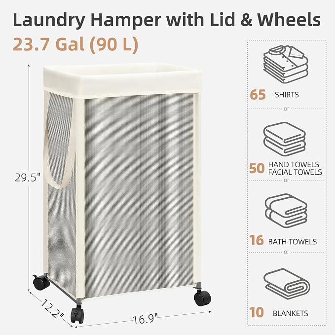 STORAGE MANIAC Laundry Hamper with Wheels, 90L (23.7 Gal) Large Tall Rolling Laundry Basket with Removable and Washable Liner Bag, Aesthetic Dirty Clothes Hamper for College, Dorm, Off-white