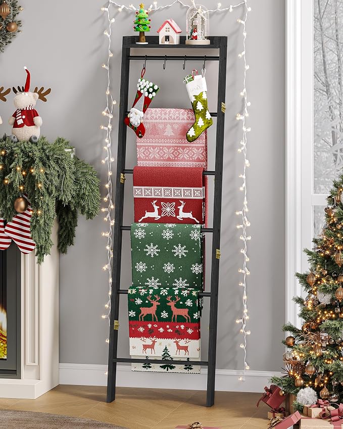 Hzuaneri Blanket Ladder Shelf, Decorative Quilt Rack, 7-Tier Farmhouse Ladder Holder Organizer with 4 Removable Hooks 7.9" D x 17.3" W x 66.9" H, Black BR36804B