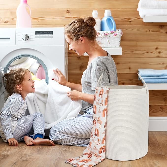 XUANGUO Cotton Rope Laundry Basket Hamper for Clothes Woven Storage Basket for Living Room Bedroom Boho Tall Rope Baskets for Blanket Toys Pillow Towels Baby Nursery Hamper Bin Large white