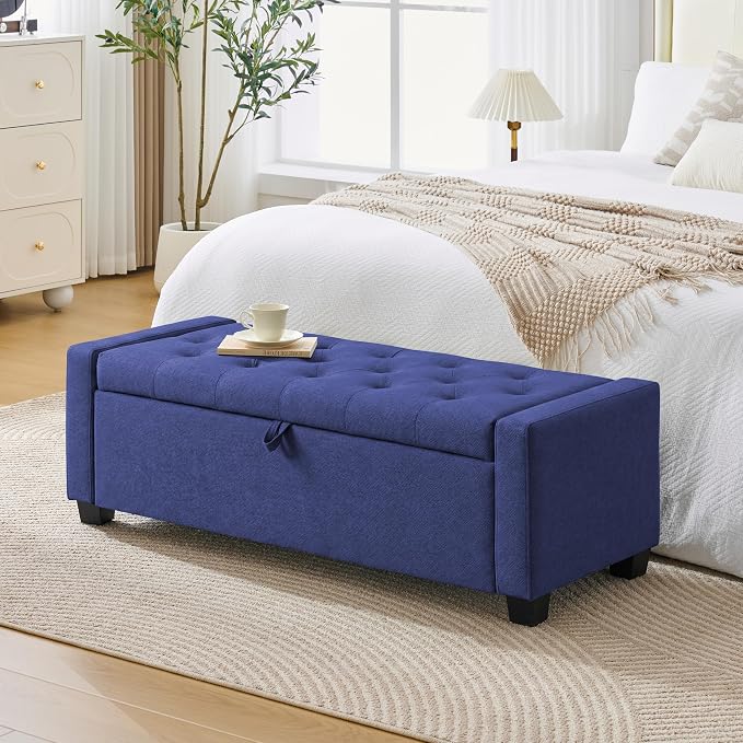 Huatean Home 48" Ottoman with Storage, Storage Ottoman Bench with Safety Hinge, Upholstered Entryway Bench with Seating for Bedroom, Living Room, Holds up to 330 lb, Blue