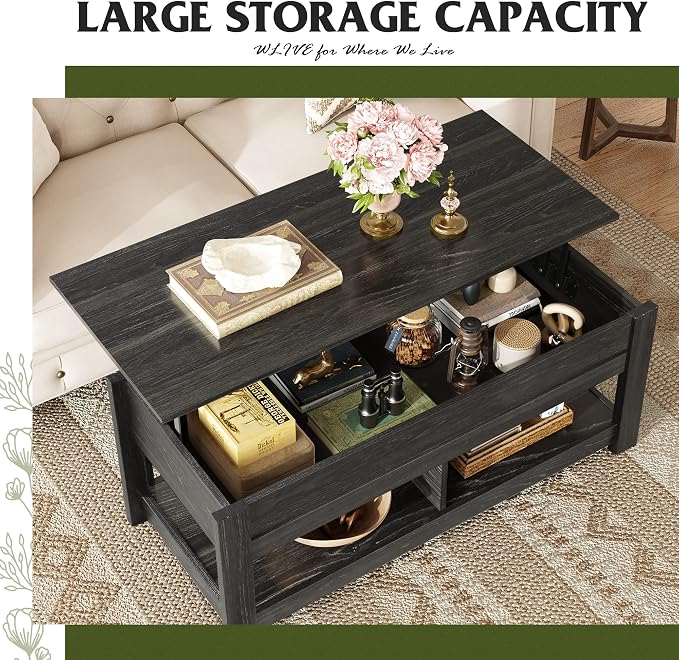 WLIVE Coffee Table, 47" Lift Top Coffee Table with Hidden Compartment and 2 Storage Shelves for Living Room, Black Oak