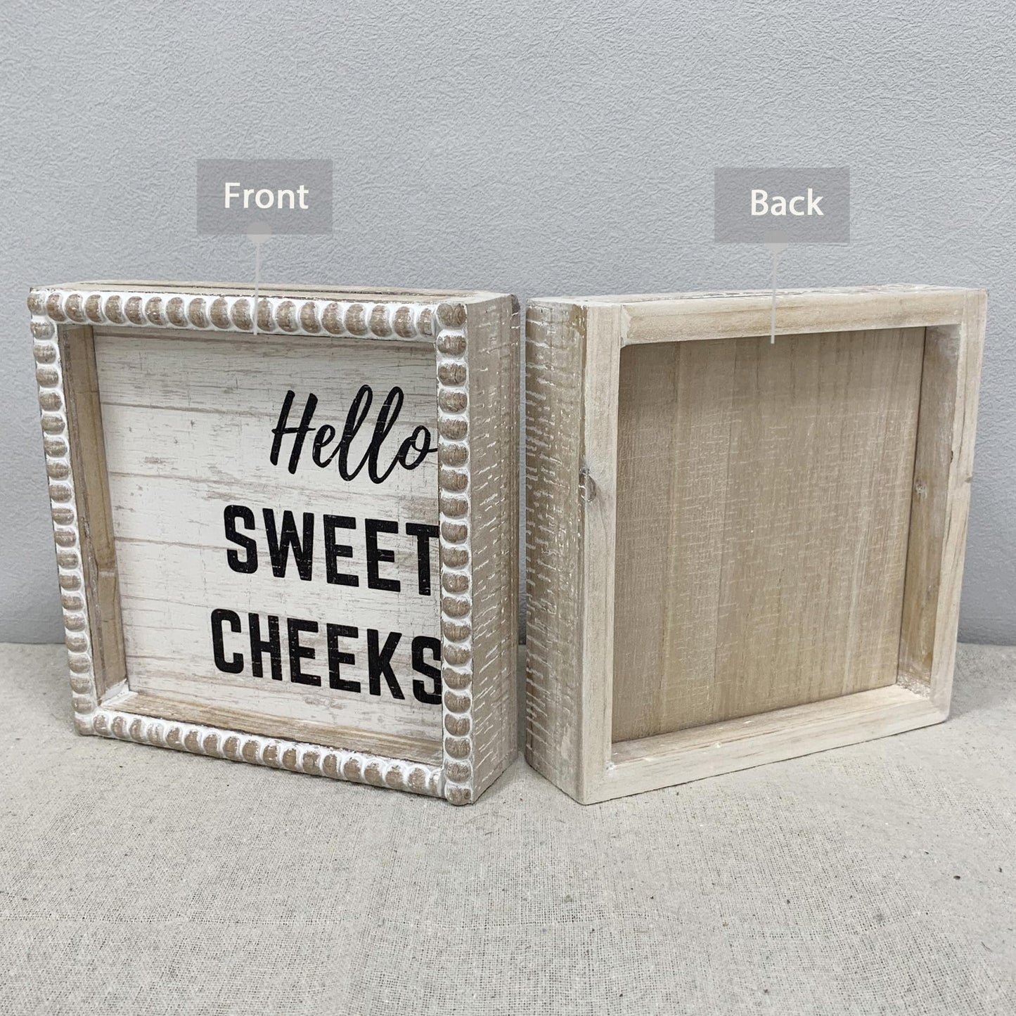 Boho Farmhouse Wooden Framed Bathroom Decor Signs, Funny Restroom Decorative Plaque Small Cute, Toilet Rules Shelf Decoration (Hello Sweet Cheeks)