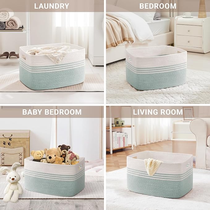 100L Extra Large Laundry Basket for Living Room Storage,Woven Rope Baskets for Blanket,Kids Toy,Gifts,Wicker Hamper for Bedroom Dirty Clothes,24"x16"x16" White Green