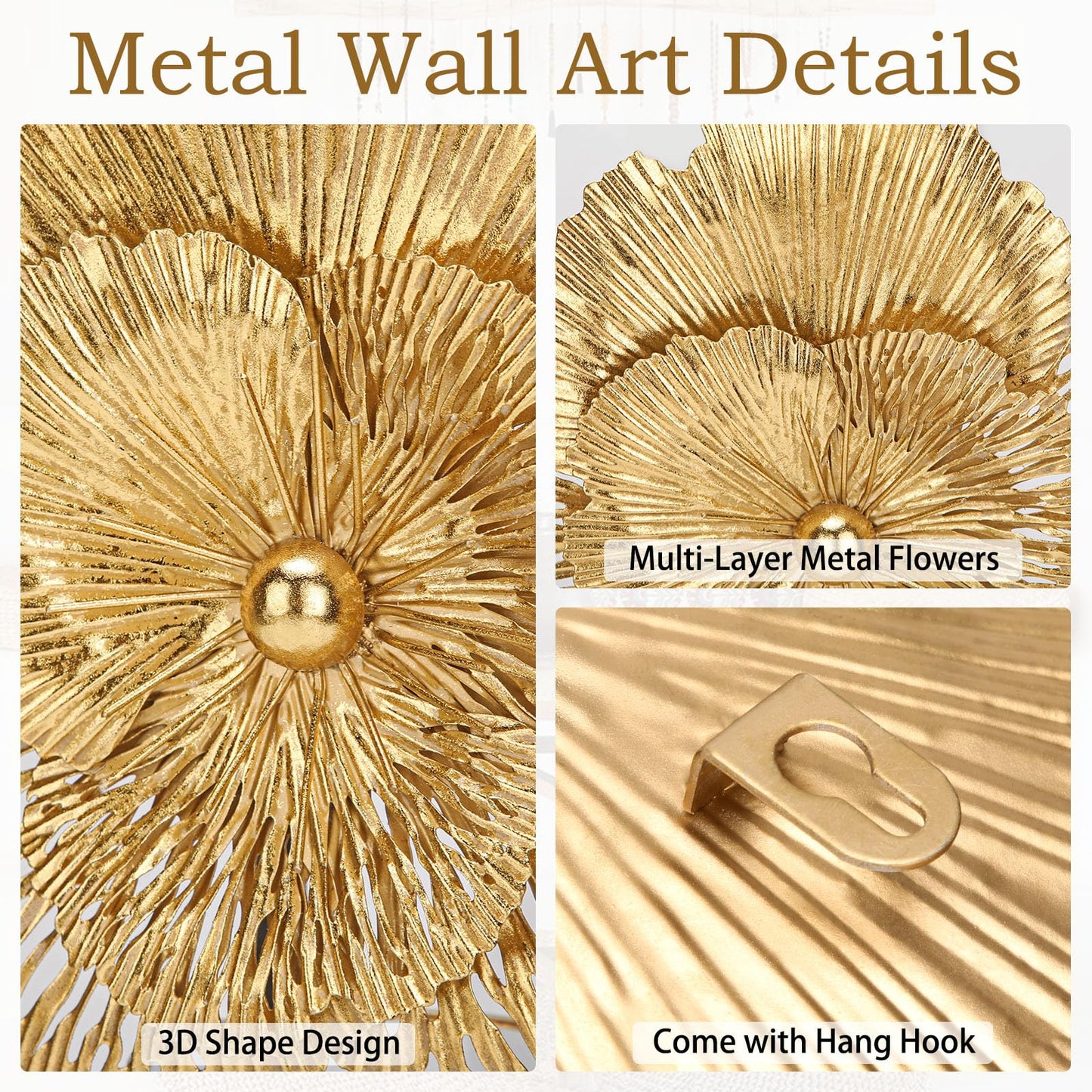 DILATATA 3 Pcs Metal Flower Wall Art Set 10 Inch Rustic Modern Floral Sculpture 3D Metal Flower Wall Hanging Accent for Indoor Living Room Bedroom Kitchen Bathroom Garden Patio Decor - Gold