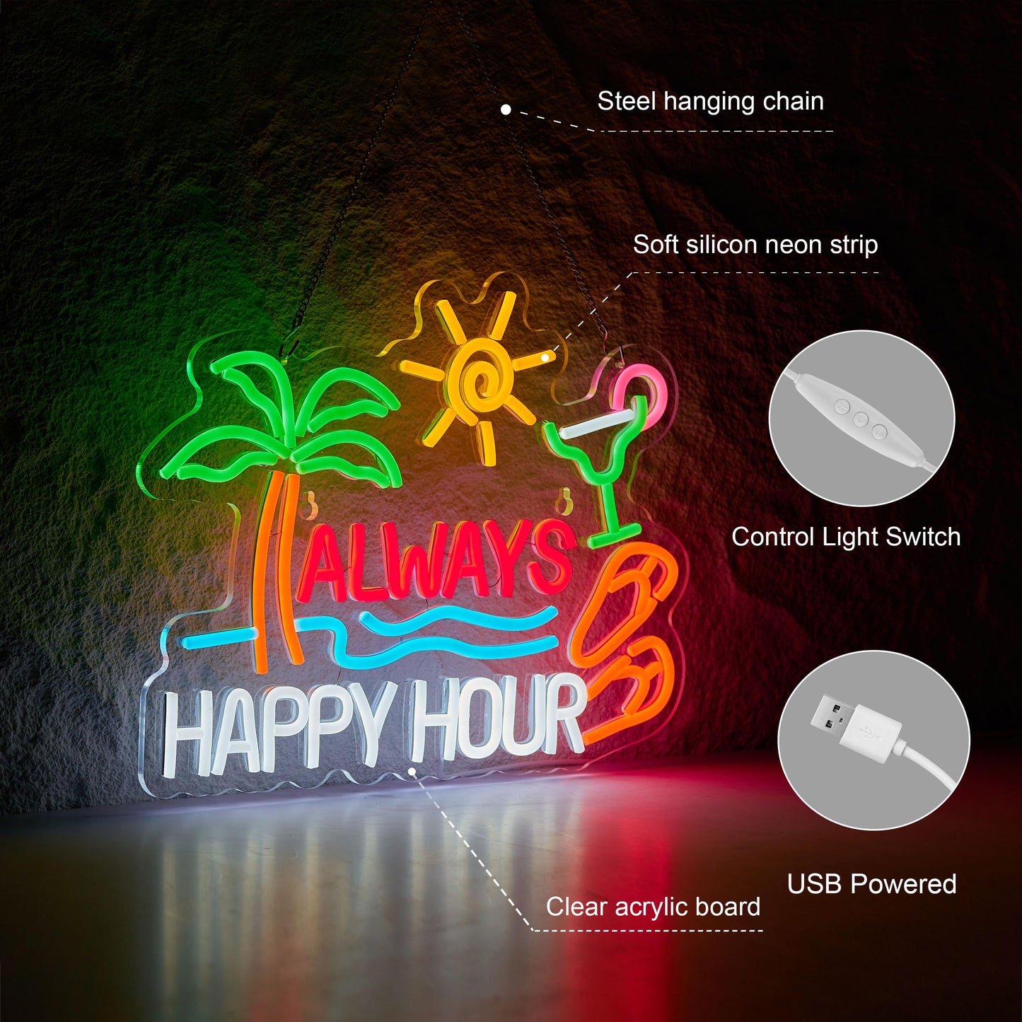 Always Happy Hour Beer Bar Neon Sign for Wall Décor Dimmable USB LED Neon Light for Home Tiki Bar Decor Man Cave Parties Gift