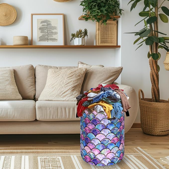 Colorful Mermaid Scales Laundry Basket Foldable Oxford Cloth Beautiful Fish Scales Laundry Hamper With Handle Clothes Storage Organizer Basket 18.9"x16.5"Storage Bag For Laundry Room/Bathroom/Bedroom