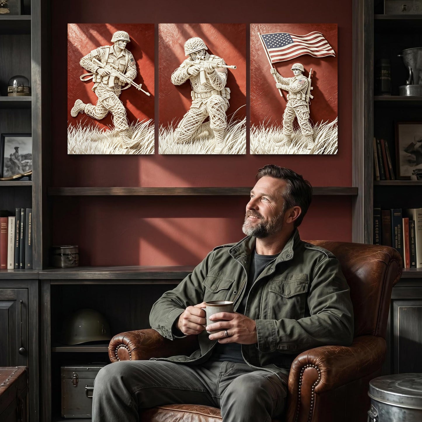DIIMOST 3 Piece Faux Wire Art US Soldier Canvas Triptych, Patriotic Military Decor Set for Large Wall, Living Room, Office & Veteran Gift，(16×24inch*3)