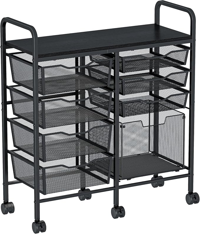 Aokitsink Rolling Cart with Drawers,8-Drawer Storage Cart with Wooden Tabletop and Lockable Wheels,Craft Storage & Art Supply Organizer,Letter-Size File Drawer for Classroom, Office & Home