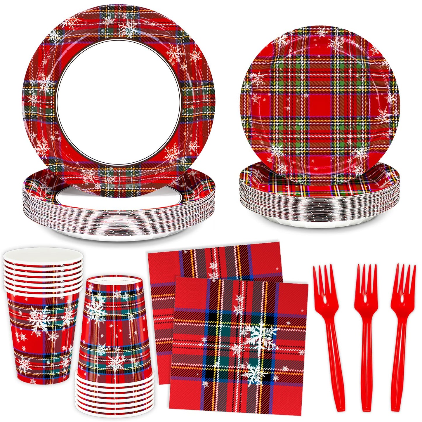 DYLIVeS Tartan Plaid with Snowflake Party Supplies, Tartan Plaid Decorations Disposable Dinnerware Set, Red and Green Plaid 9.2" Dinner Plates, 7" Dessert Plates, Napkins Cups Forks, Serves 24
