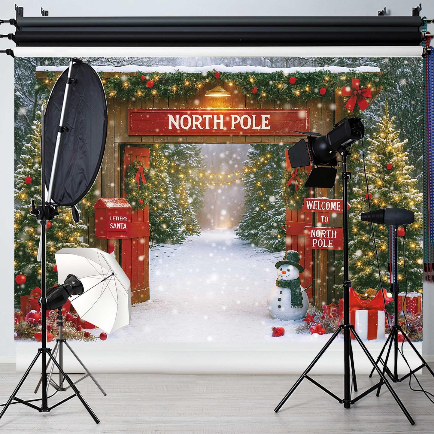 Fluzimir Christmas Photography Backdrop 10x8ft – Rustic Snowy Forest Barn Door with Xmas Tree, North Pole Winter Scene Fabric Photo Background for Family Party, Baby Holiday Photos