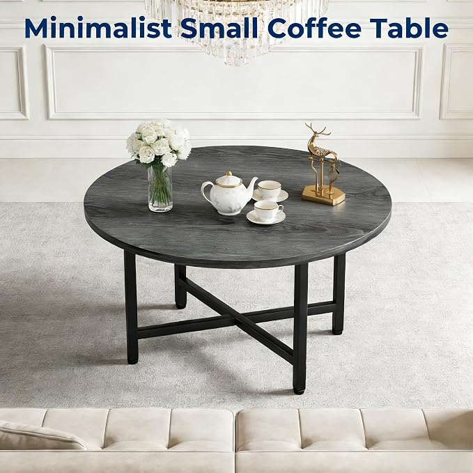 FAMIDGE Round Coffee Table, 23.6" Small Coffee Tables for Living Room, Circle Coffee Table with Metal Frame, Floor Table Desk for Sitting on The Floor, Home, Office, Grey