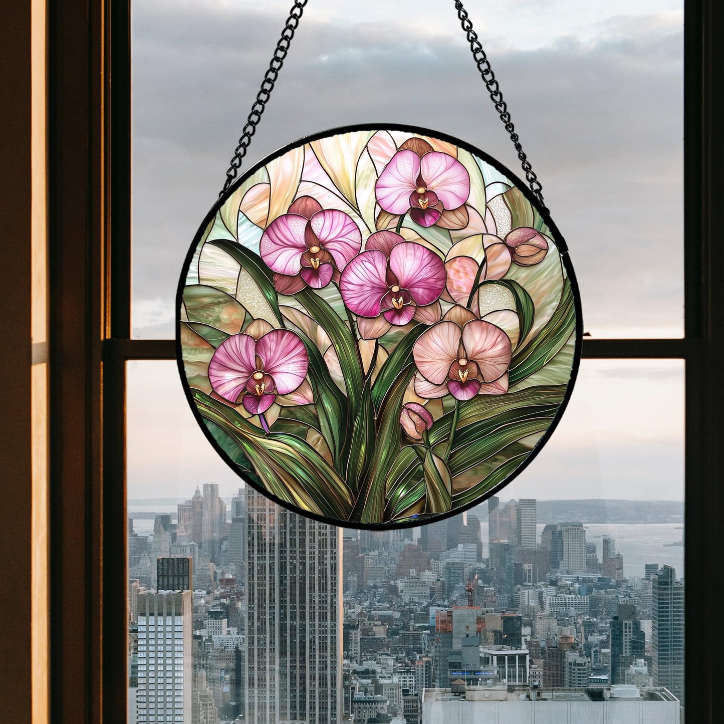 AMDERVEN Stained Glass Window Hanging - Pink Phalaenopsis Orchid Green Leaves Sun Catcher for Door Home Decor Flower Suncatcher Christmas Mother's Day Birthday Gifts for Women Men Mom Nana 9.8 in