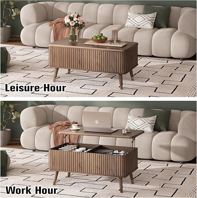JOINICE Lift Top Coffee Table with Storage, Mid Century Modern Fluted Wood Design,Pop-Up Walnut Center Table with Hidden Compartment for Living Room & Home Office Work/Dining