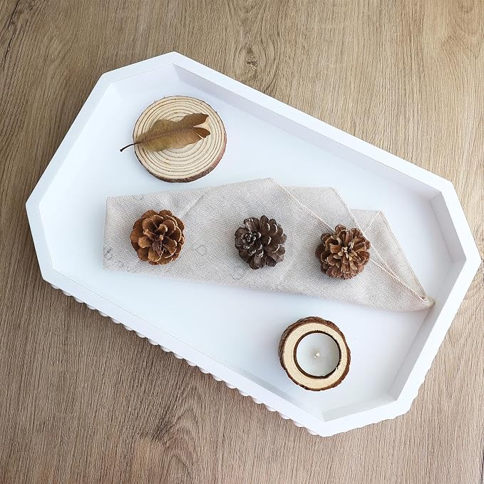 Hrastany White Wood Serving Tray with Beads, Farmhouse Decorative Tray for Table Centerpiece, Christmas Wedding Halloween Home Decor