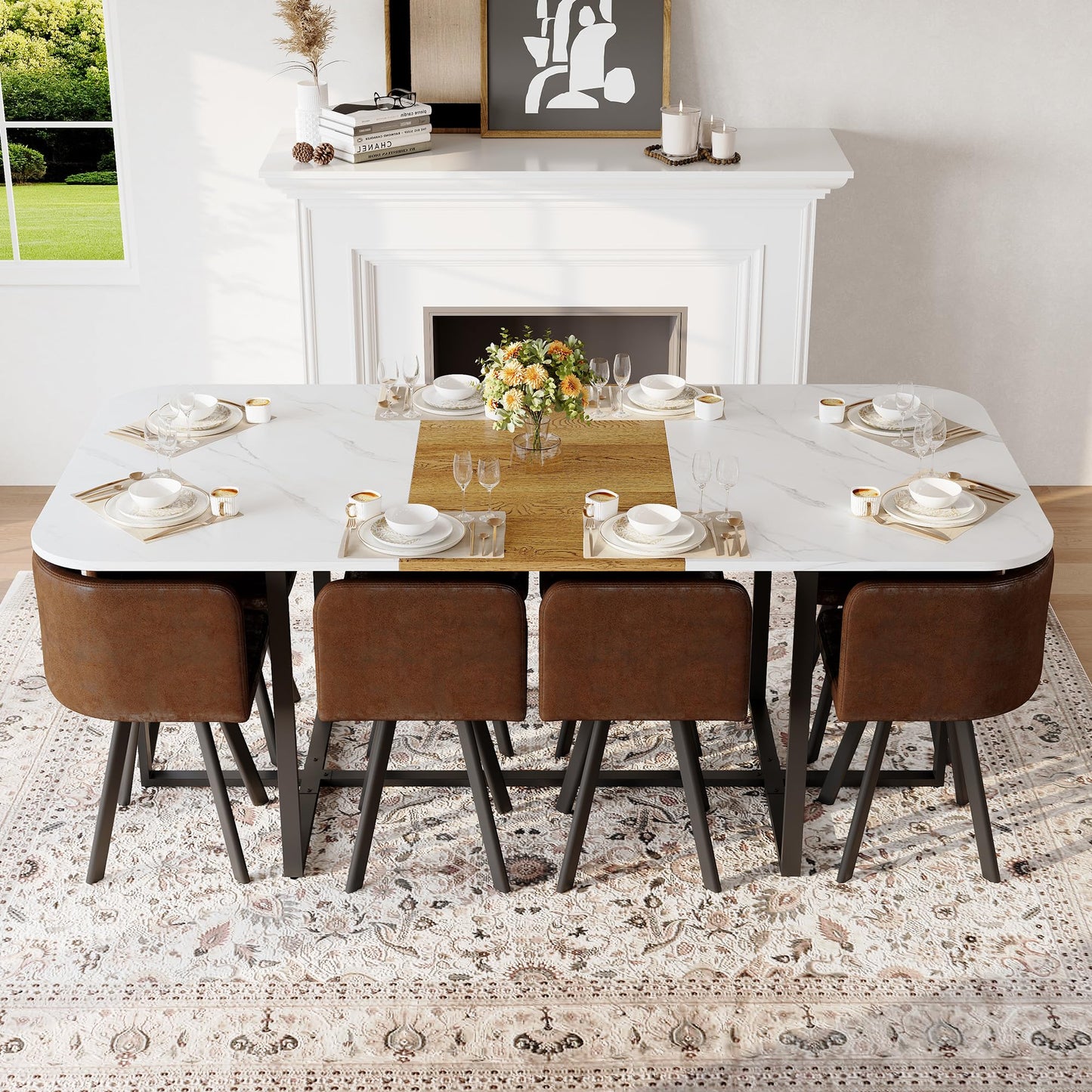 KEIKI 79" Dining Table Set for 8, Rectangular Kitchen Table Set with White Faux Marble & Wood Grain Top, Modern Dining Room Set with 8 Brown Suede Chairs, Large Family Dining Table Furniture