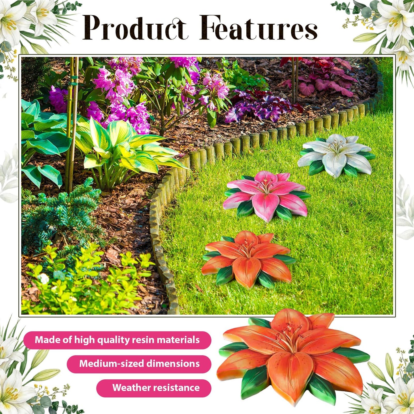 Cinnvoice 3 Pack Garden Stepping Stone Outdoor, Decorative Dimensional Resin Stepping Stones for Patio Pathway Landscaping Walkway Sculpture Yard Backyard Lawn(Lily,10 Inches)
