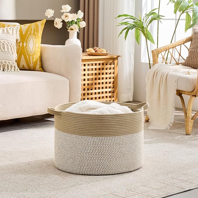 KAKAMAY Cotton Rope Storage Basket (20"x13"),Woven Hamper for Blankets,Toys,Pillows,Clothes,Laundry,Sturdy Handles Decorative Basket for Living Room, Bedroom,Nursery(Brown/White)