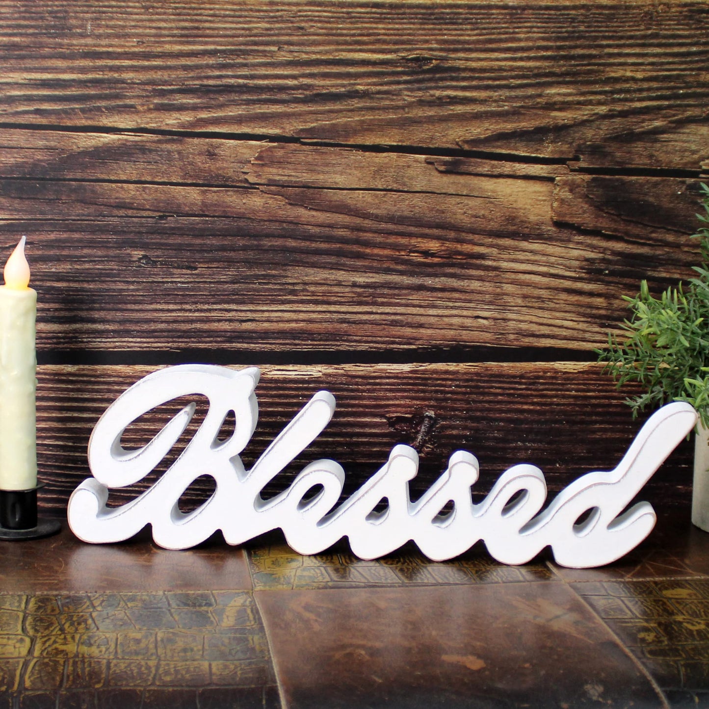 CVHOMEDECO. Blessed Sign Free Standing Wooden Words Sign for Gift and Table/Shelf/Home Wall/Office Decoration, Distressed White, 15 x 4-1/4 x 1 Inch