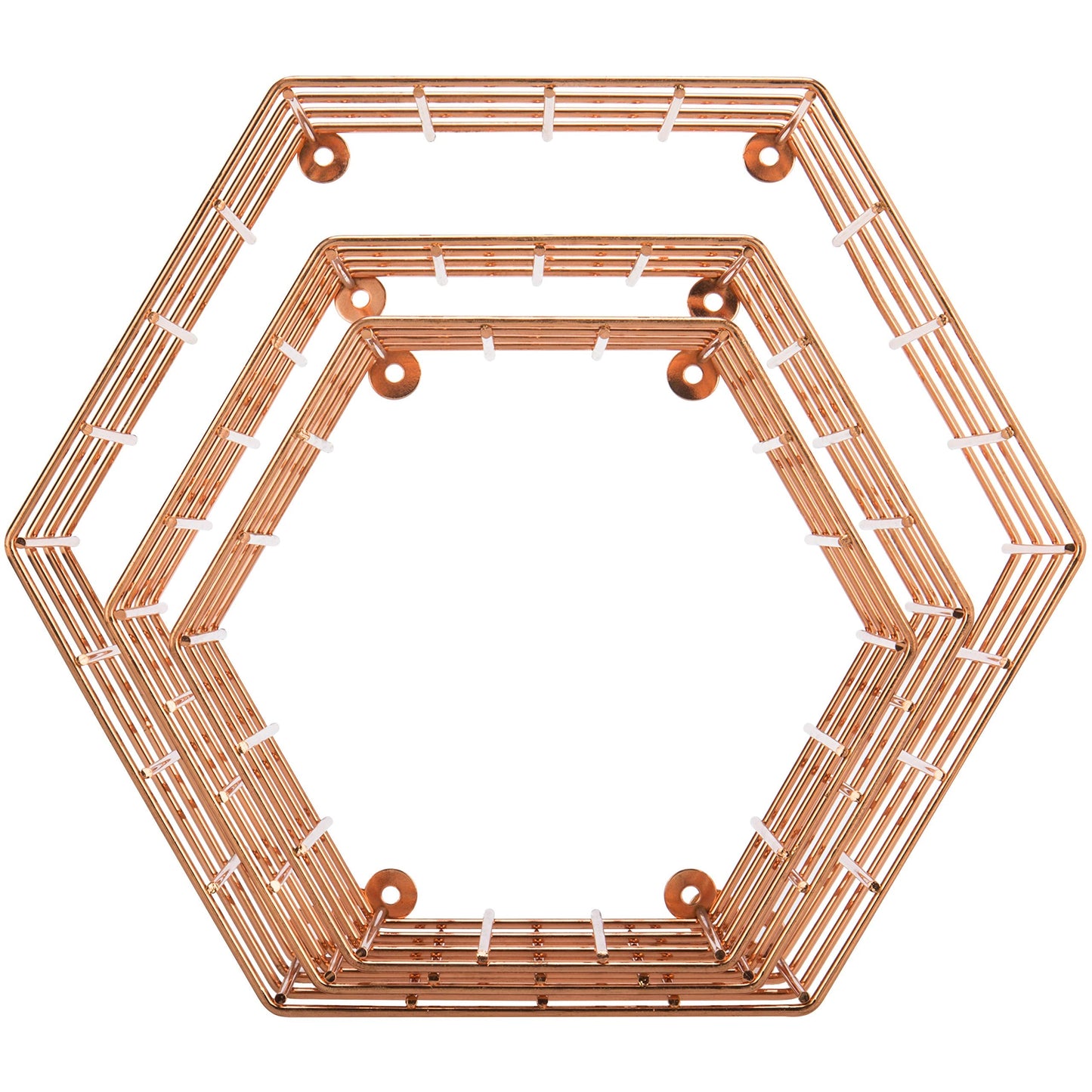 MyGift Copper Floating Hexagon Shelves, Hexagonal Copper-Tone Wire Wall-Mounted Hanging Shelf, Set of 3