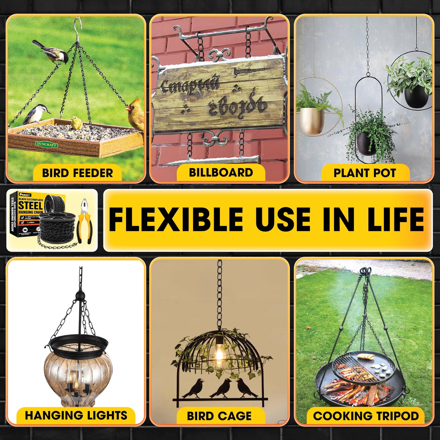 [Upgraded] 50FT Black Electroplated Steel Hanging Chain Roll, Pliers Included, 20LBS Load Capacity, Durable, Rust-Resistant, Adjustable Length for Hanging Bird Feeders, Planters, Lanterns, Billboards