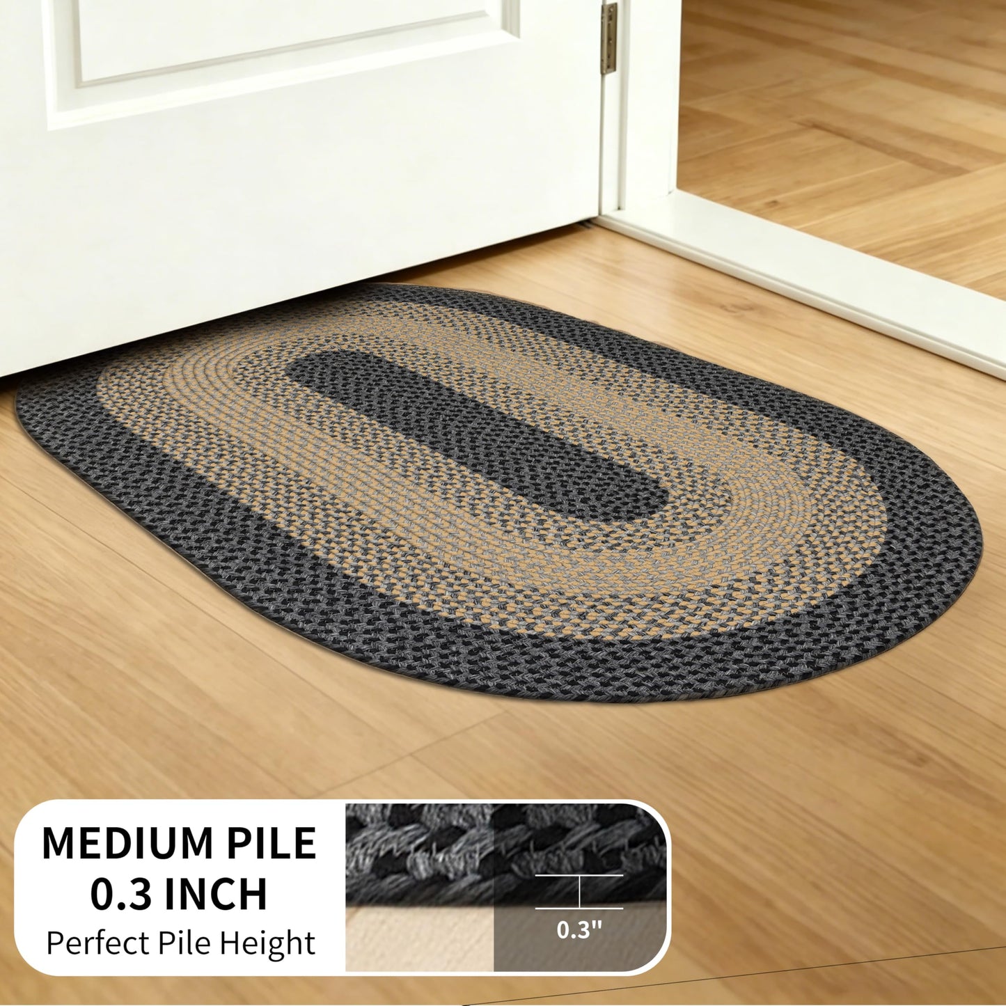 RCTJHOME 2x3 Oval Braided Entryway Rug, Farmhouse Kitchen and Floor Mat for Indoor/Outdoor Use, Door Mat with Anti-Slip Pads for High Traffic Areas, Rope Rug Without Rubber, Brown with Black