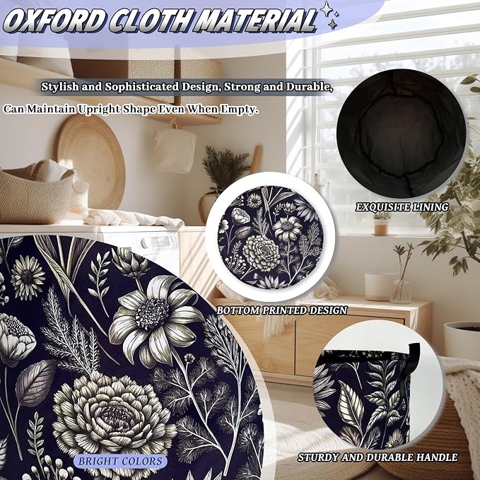 Vintage Floral Flowers Laundry Hamper Foldable Oxford Cloth Cute Laundry Basket With Handle Portable Clothes Storage Organizer Basket 18.9"x16.5" Storage Bag For Laundry Room/Bathroom/Bedroom