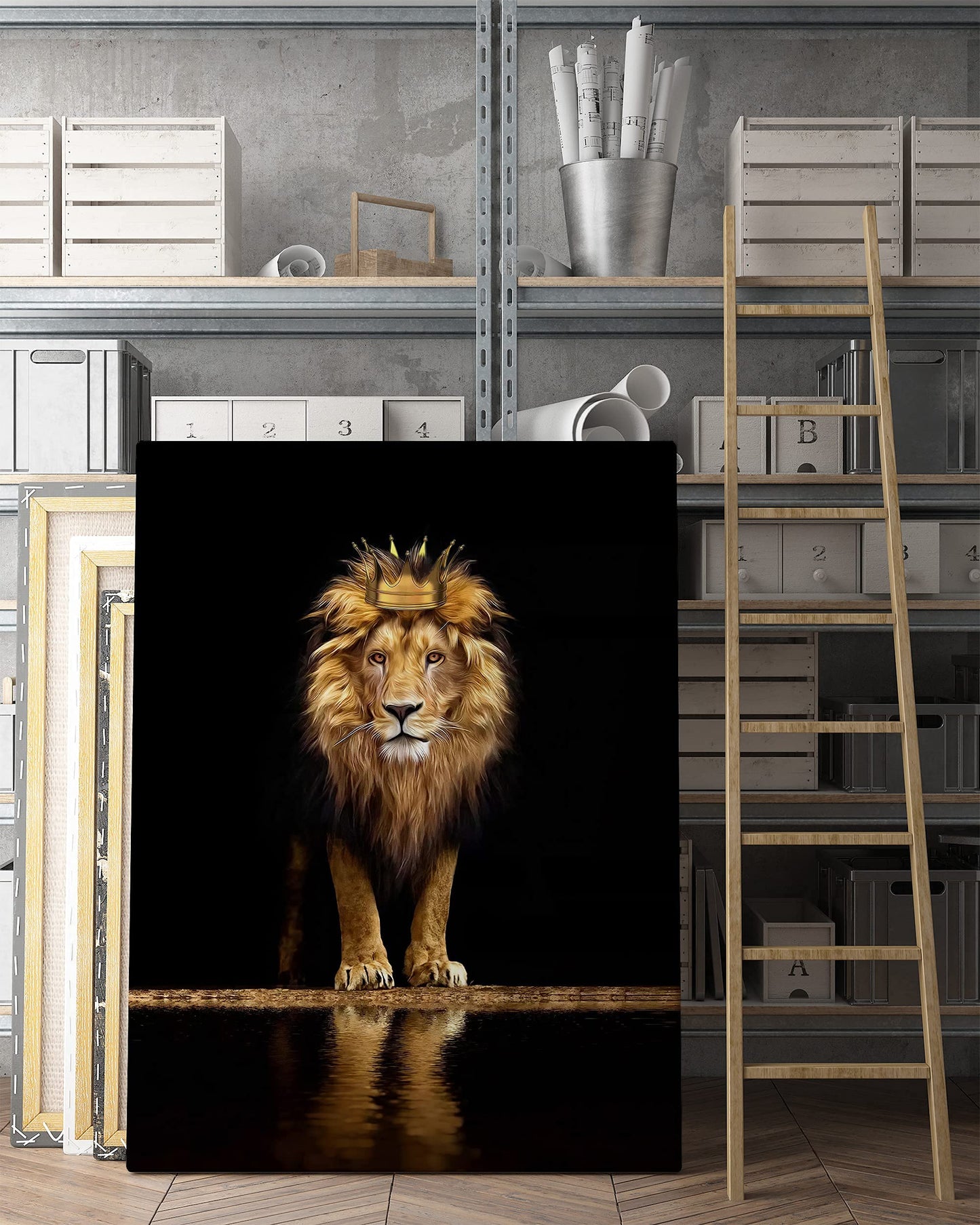 Tribute to art Lion Canvas Print Wall Art,A with a crown noble and confident,Black Golden Animal for Living Room Office Decor Home Decoration Framed Ready Hang,bedroom men (Lion king, 16inchx12inch)