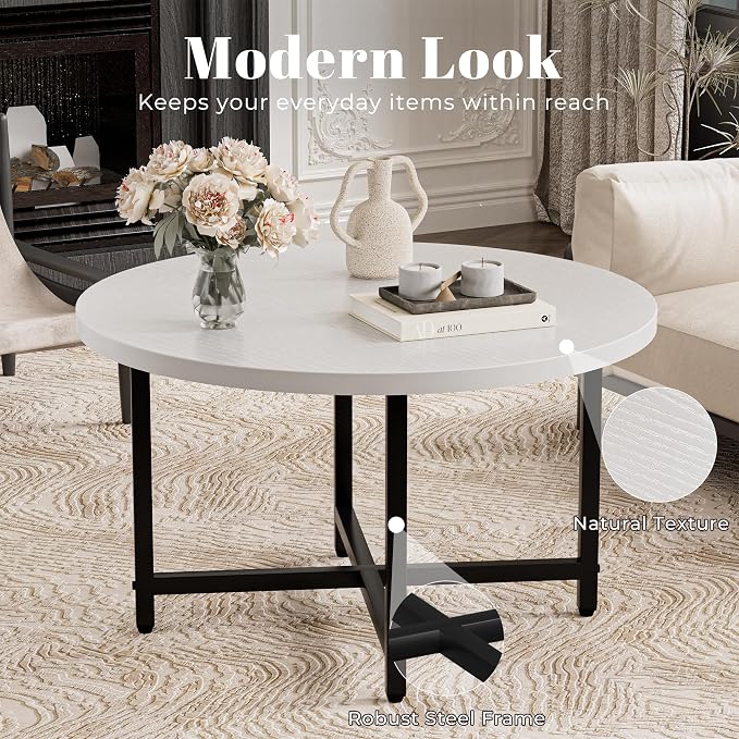 FAMIDGE Round Coffee Table, Small Coffee Tables for Living Room, Low Wood Coffee Table with Metal Frame, Floor Table Desk for Sitting on The Floor, Home, Office, White(23.6" D x 17.7" H)