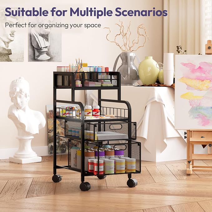 SWTYMIKI Rolling Cart with Drawers - Metal Craft Cart with Wheels, DIY Divider and Wood Shelf, Art Supply Organizer for Under Desk Storage, Utility Storage Cart for Home Office Studio, Black