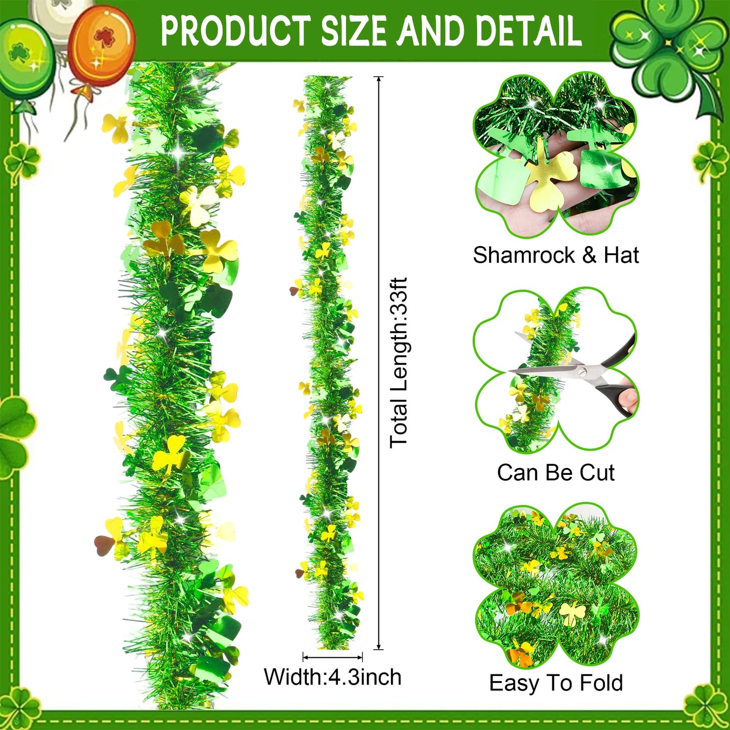 33FT St Patricks Day Decorations Gold Green Shamrock Hat Tinsel Garland, Shiny Metallic Hanging Shamrock Garland Streamer Saint Patricks Day Decor for St Patrick's Day Home Indoor Outdoor Irish Party