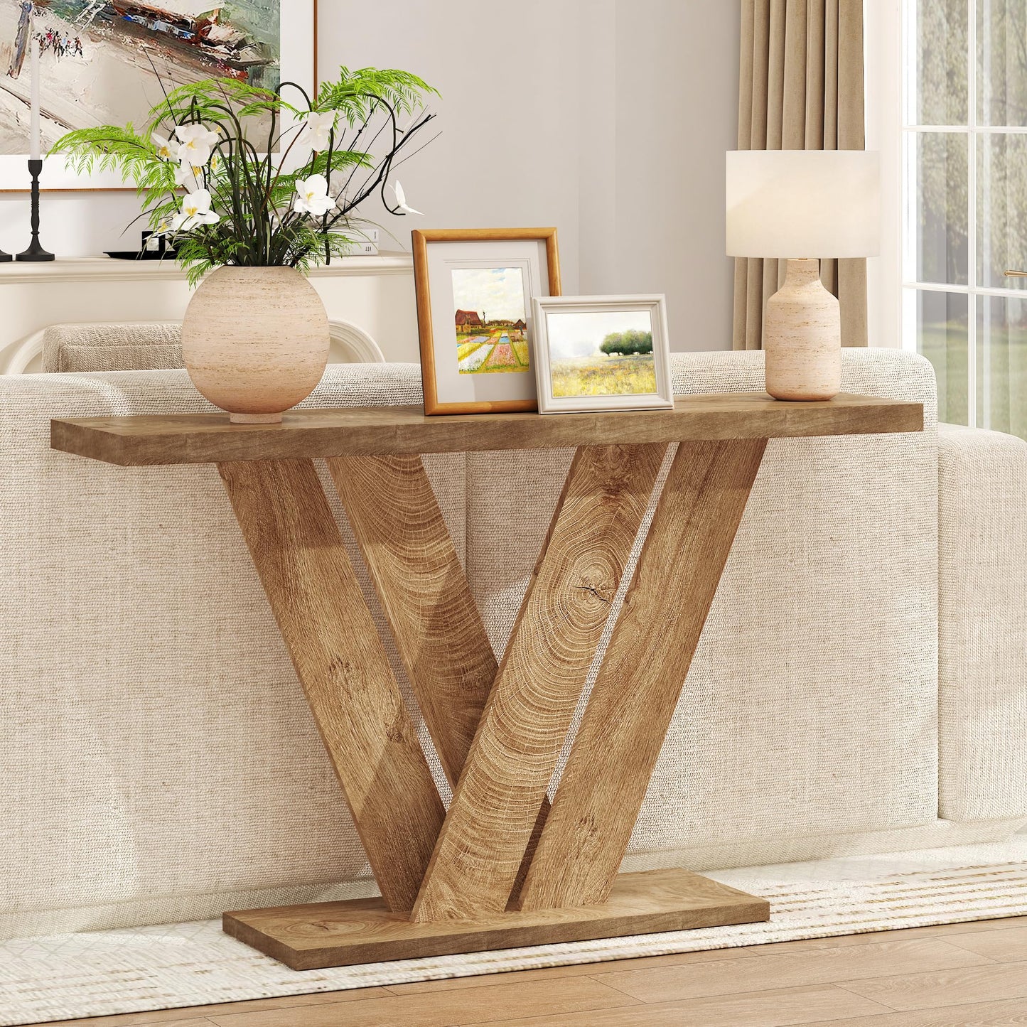 karlott 51 Inch Console Table, Modern Entryway Table with V-Shaped, Wood Sofa Table Behind Couch Table, Entryway Console Table for Living Room, Hallway, Entrance, Foyer, Easy Assembly, Brown