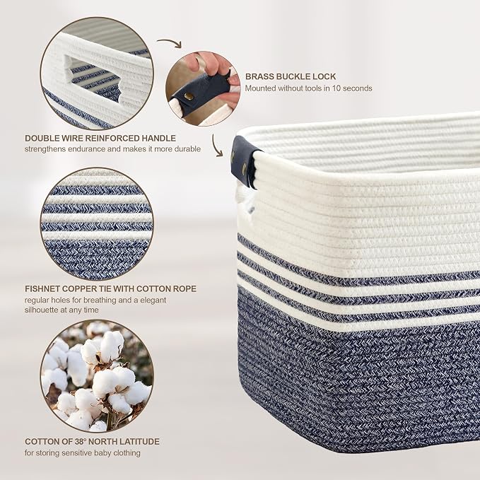 100L Extra Large Laundry Basket with Leather Handles for Living Room Storage,Woven Rope Baskets for Blanket,Kids Toy,Gifts,Wicker Hamper for Bedroom Dirty Clothes,24"x16"x16" Denim Blue