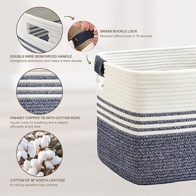 60L Large Laundry Basket with Leather Handles for Living Room Storage, Woven Rope Baskets Bin for Blanket, Kids Toy, Gifts, Wicker Hamper for Bedroom Dirty Clothes, 21"x15"x11" Denim Blue