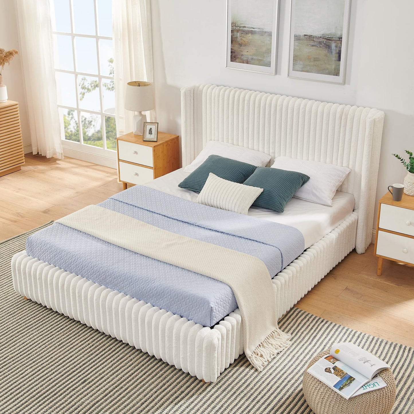 Tabaray Queen Bed Frame with Storage, Upholstered Platform Bed Frame with Plush Rabbit Fur Headboard, Adult Floor Bedframe with Wooden Slats Support, No Box Spring Needed for Bedroom, Apartment, Beige