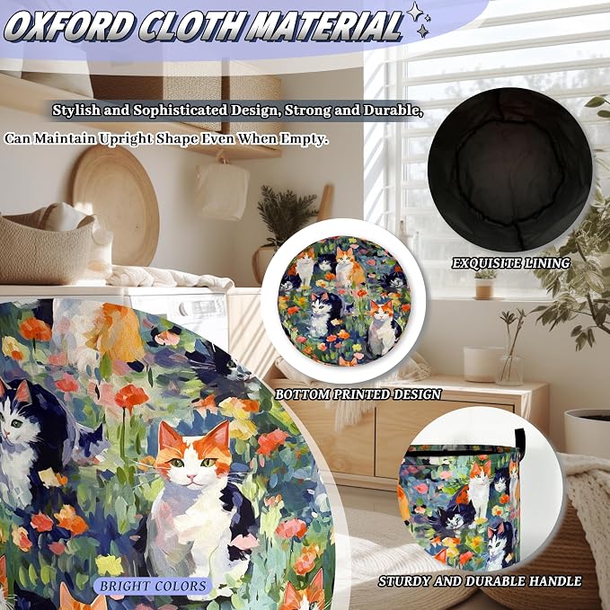Watercolor Cats Laundry Hamper Foldable Oxford Cloth Cute Animal Cat Laundry Basket With Handle Portable Clothes Storage Organizer Basket 18.9"x16.5" Storage Bag For Laundry Room/Bathroom/Bedroom