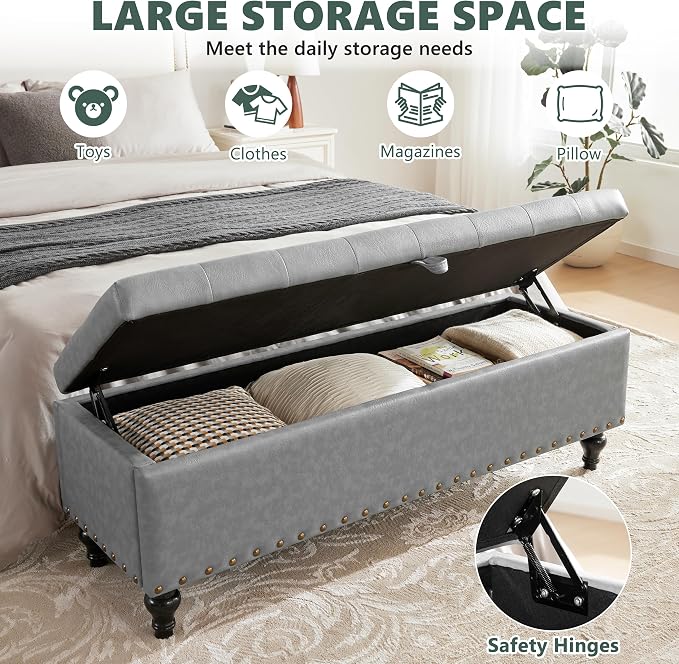 Mangodan 50" Storage Ottoman Bench, Tufted Ottoman with Storage for Living Room, Large End of Bed Ottomans, Modern Entryway Benchs, Window & Bedroom Benches for Foot of Bed (AshGray)