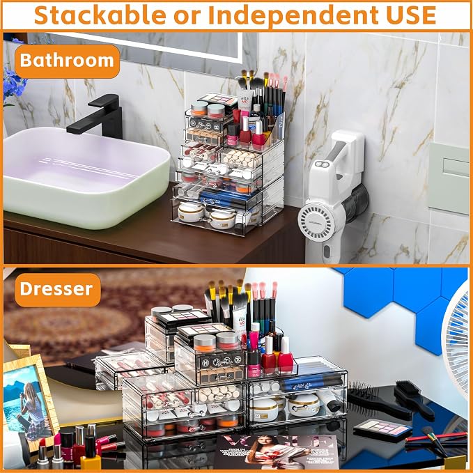 Acrylic Clear Make up Organizers And Storage for Vanity,Bathroom Skincare Organizer With 8 Drawer for Dresser,Plastic Desk Accessories Organization,Cosmetic Organizer Countertop for Beauty,Skin Care