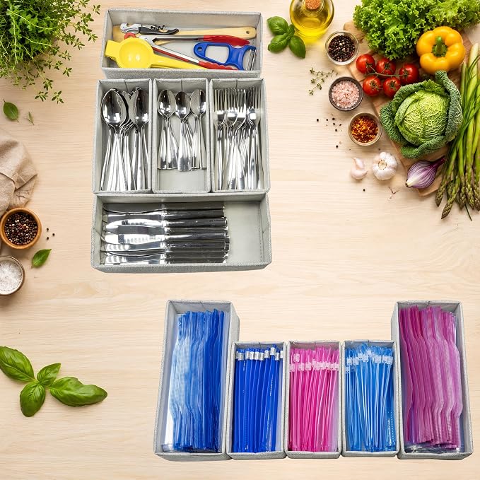 Drawer Organizer, 5-Piece Rigid Fabric Bins for Kitchen | Ideal for kitchen, bathroom, cosmetics, utensils, silverware, and gallon, quart, sandwich & snack bags