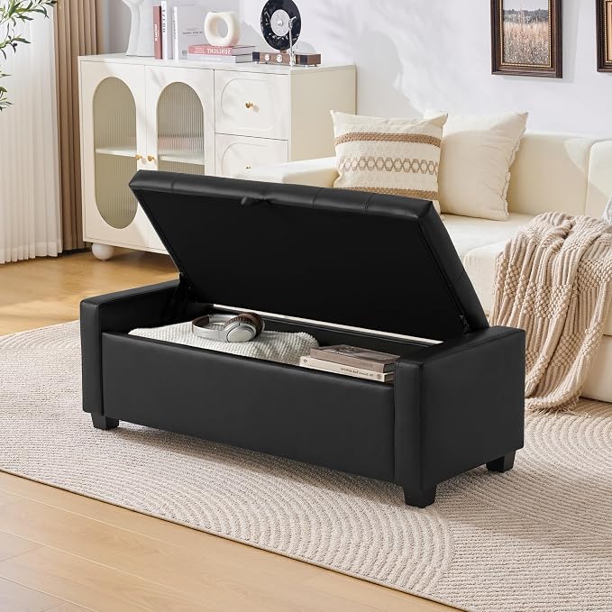 Huatean Home 48" Ottoman with Storage, Storage Ottoman Bench with Safety Hinge, Upholstered Entryway Bench with Seating for Bedroom, Living Room, Holds up to 330 lb, Light Black