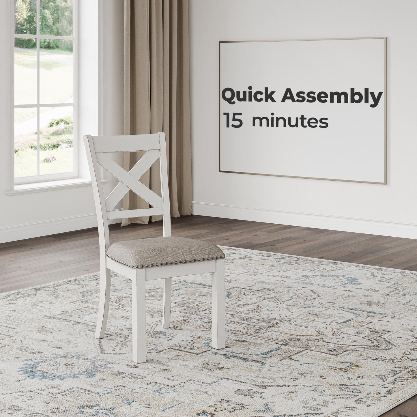 Signature Design by Ashley Robbinsdale Casual Upholstered Solid Wood Dining Chair with Nailhead Trim, Set of 2, White & Light Gray