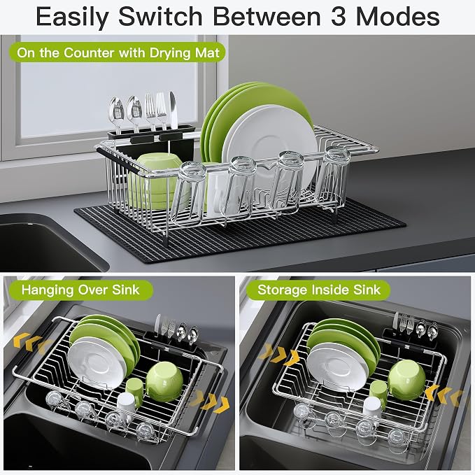 JASIWAY Dish Drying Rack in Sink with Mat, Expandable Stainless Steel Dish Drainers for Kitchen Counter, Space Saving Dish Dryer Rack for Inside Sink, Over Sink Dish Racks with Utensil Holder