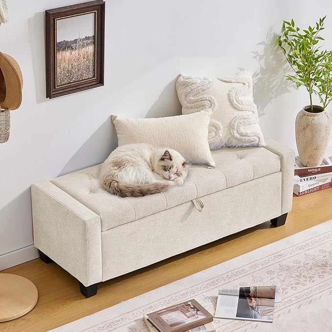 Huatean Home 43" Ottoman with Storage, Storage Ottoman Bench with Safety Hinge, Upholstered Entryway Bench with Seating for Bedroom, Living Room, Holds up to 330 lb, Beige
