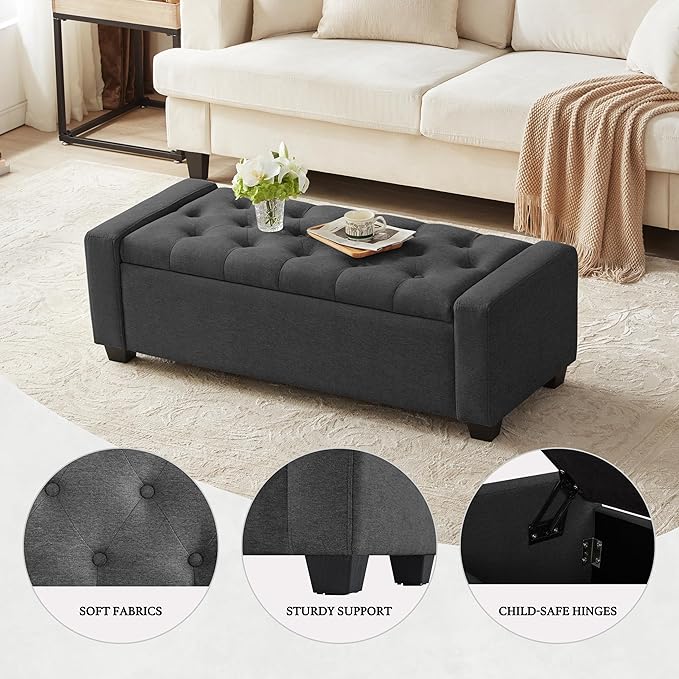 Huatean Home 48" Ottoman with Storage, Storage Ottoman Bench with Safety Hinge, Upholstered Entryway Bench with Seating for Bedroom, Living Room, Holds up to 330 lb, Dark Gray