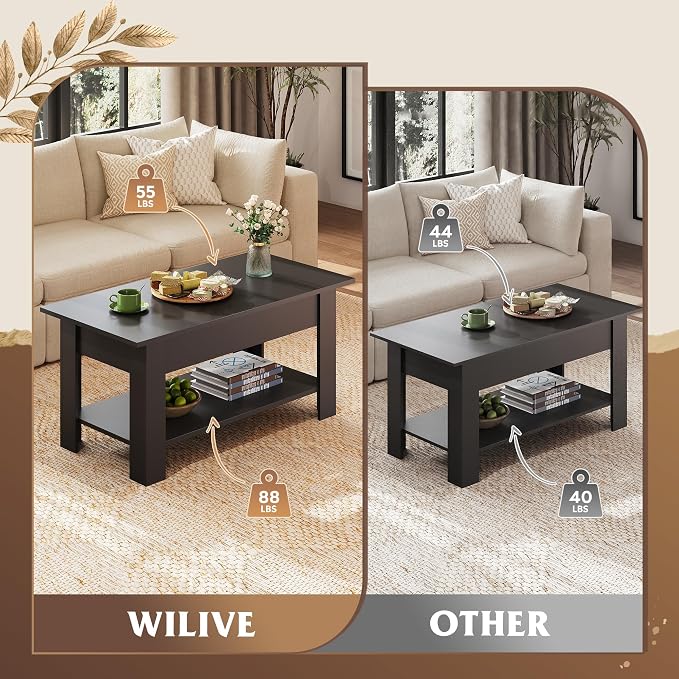 WLIVE Coffee Table, 39" Lift Top Coffee Table with Hidden Compartment, Storage Shelf and Lifting Top for Home Living Room, Office and Reception Room, Black