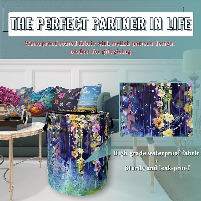 Beautiful Blue Green Floral Laundry Basket Foldable With Handles Tote Bag Oxford Cloth Colorful Laundry Hamper Clothes Storage Bucket Toy Organizer 18.9"x16.5" For Bathroom/Laundry/Bedroom